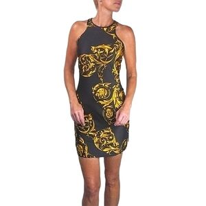 NWT. VERSACE JEANS COUTURE Garland Mini Dress In Black & Gold